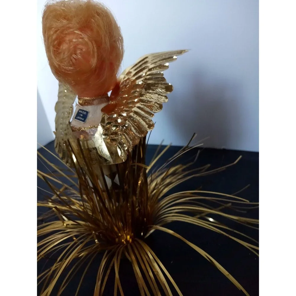 Vintage Angel tree topper Cardboard Gold wings‎ dress and plastic face Halo